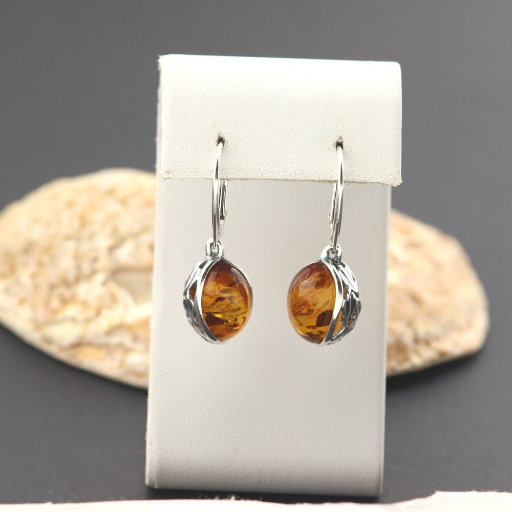 Sterling silver earrings with natural Baltic amber, amber drop earrings, dangle - Picture 11 of 14